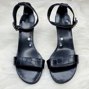 Fioni Strappy Black Leather Crocodile Alligator Print High Heels